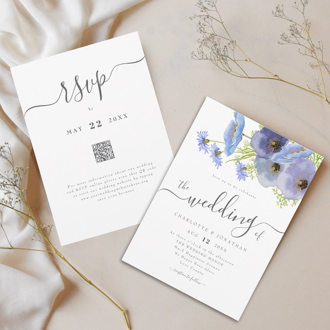 Convites Elegante Boho Floral Código QR de Casamento Azul (Elegant boho wildflower bouquet watercolor blue floral garden wedding qr code invitation)