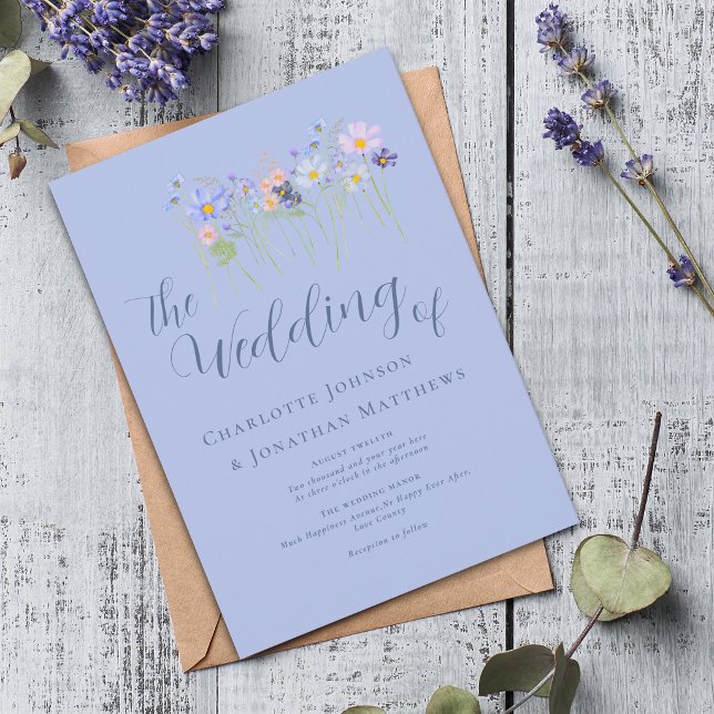 Convites Elegante Boho Floral de Flor Silvestre Azul e Rosa (Boho chic wildflower meadow cornflower blue & pink Floral wedding invitation)