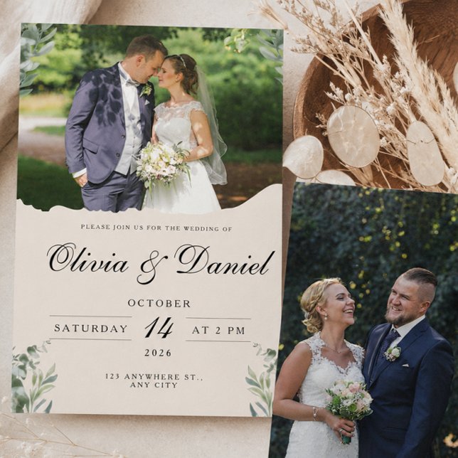 Convites Elegante Boho Folhas de Eucalipto & Casamento Foto (Criador carregado)