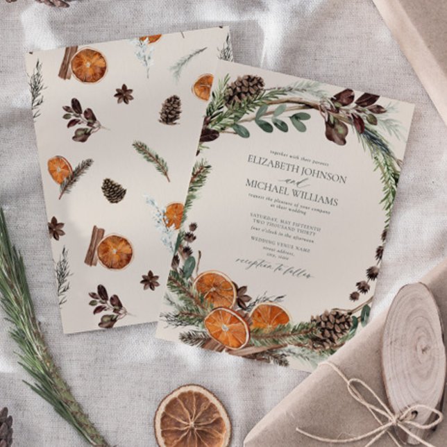 Convites Elegante Boho Greenery Casamento no inverno Citrus (Easily personalize this formal bohemian citrus invitation for the perfect fall or winter wedding)