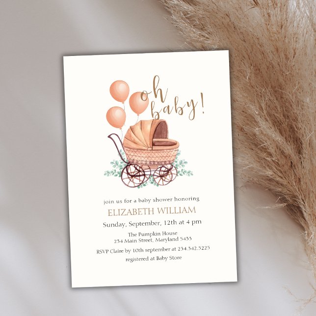 Convites Elegante Boho Greenery Stroller Chá de fraldas Bal (Elegant Boho Greenery Stroller Balloon Baby Shower Invitation)