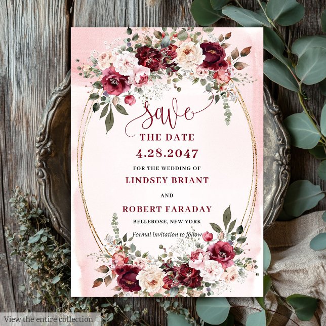 Convites Elegante Boho Marsala Blush Dourado Floral Salve D (Elegant Boho Marsala Blush Gold Floral Save the Date

)