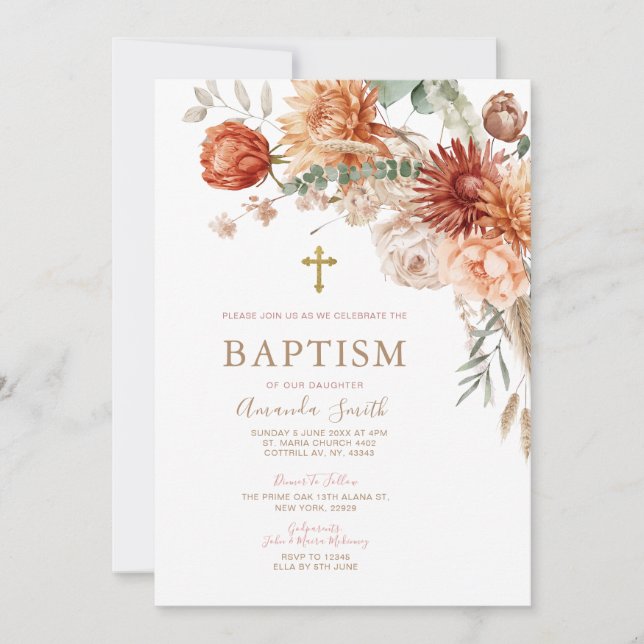 Convites Elegante Boho Orange Floral Baptism Christening (Frente)