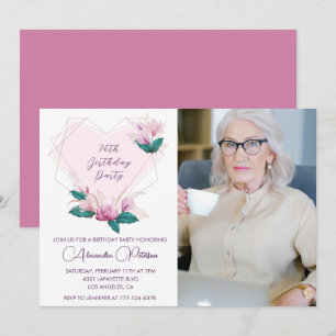Convites Elegante Boho Pink Foto Floral 96 anos