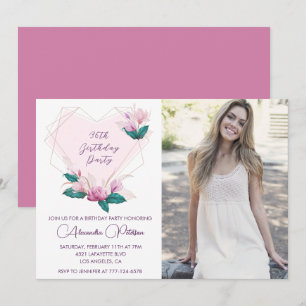 Convites Elegante Boho Rosa Floral Foto 36º aniversário