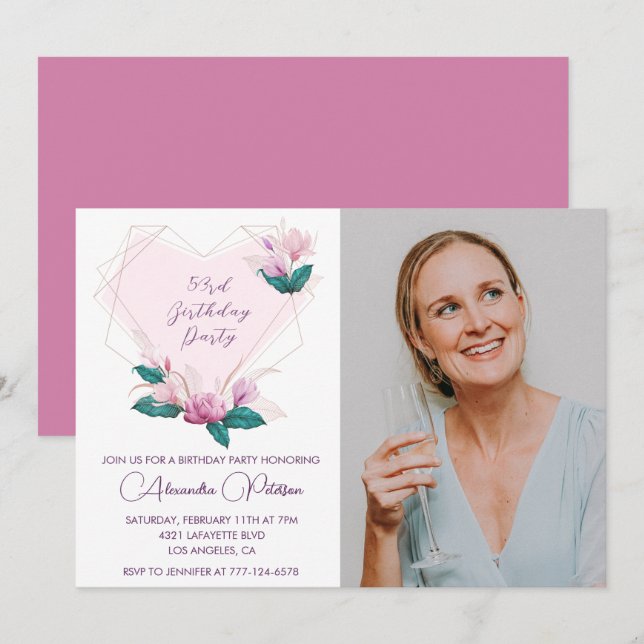 Convites Elegante Boho Rosa Floral Foto Aniversário de 53 a (Frente/Verso)