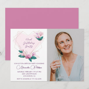 Convites Elegante Boho Rosa Floral Foto Aniversário de 62 a