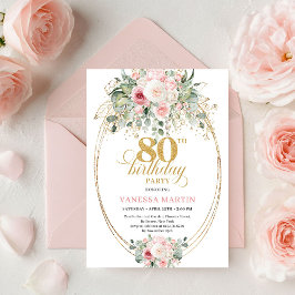 Convites Elegante Boho Rosa Floral Minimal 80 Aniversário