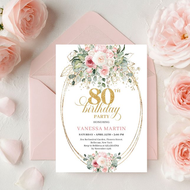 Convites Elegante Boho Rosa Floral Minimal 80 Aniversário (Stylish Bohemian Blush Floral Minimal 80th Birthday)