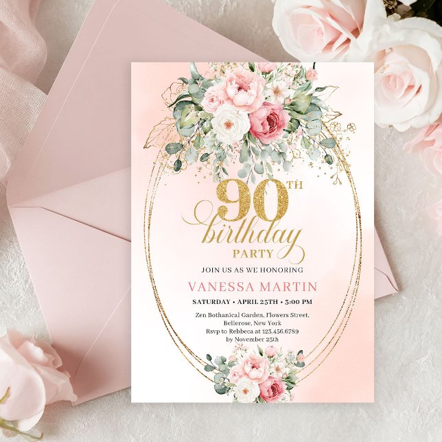 Convites Elegante Boho Rosa Floral Verde Dourado Aniversári (Refined Blush Roses Gold Minimal 90th Birthday Invite)
