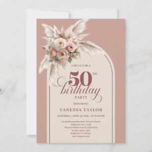 Convites Elegante Boho Rosa Pó Pampas Floral 50 Aniversário