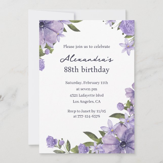 Convites Elegante Boho roxo Floral 88º aniversário (Frente)