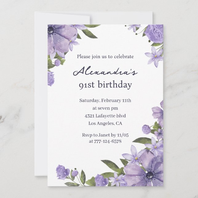 Convites Elegante Boho roxo Floral 91º aniversário (Frente)