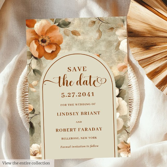 Convites Elegante Boho Terracota Marfim Floral Salve A Data (Stylish Boho Terracotta Ivory Floral Save The Date)