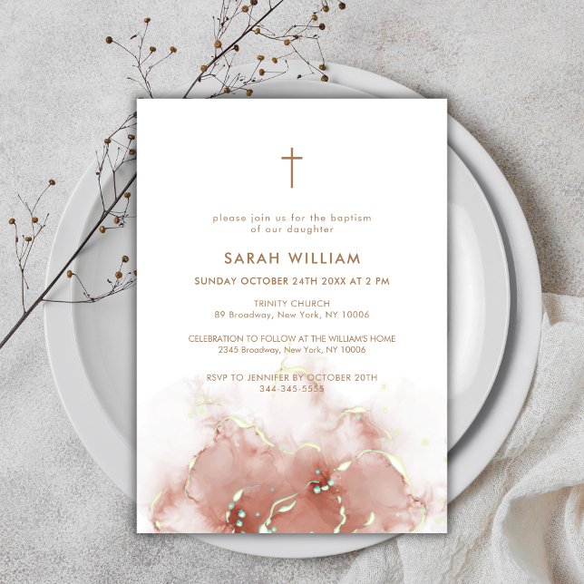Convites Elegante Boho Terracotta Agate Dourado Baptismo (Elegant Boho Terracotta Agate Gold Cross Baptism Invitation)