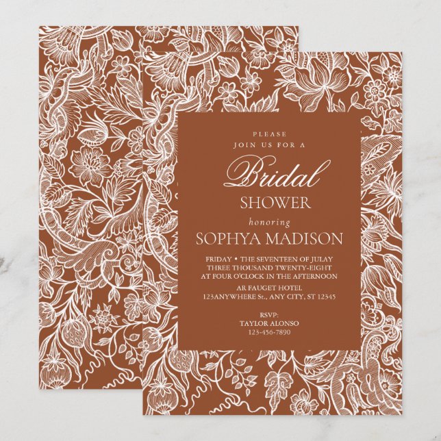 Convites Elegante Boho Terracotta Line Art Wildflower (Frente/Verso)