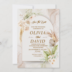 Convites Elegante Boho Wedding Beige Floral Salvar Data