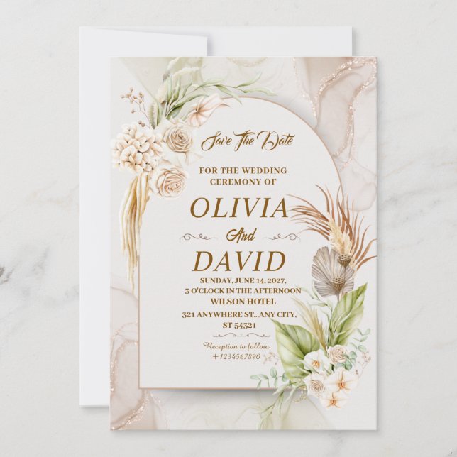 Convites Elegante Boho Wedding Beige Floral Salvar Data (Frente)