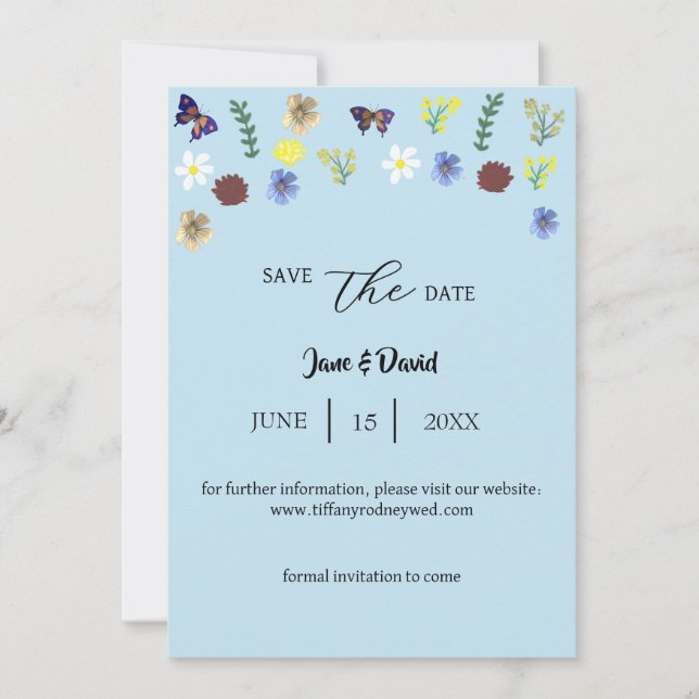 Convites Elegante Boho Wildflower Blue Save-The-Date (Frente)
