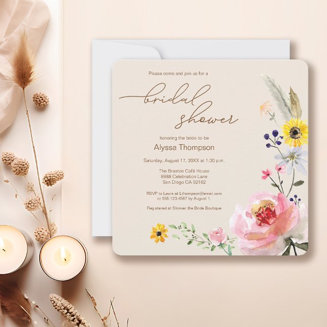 Convites Elegante Boho Wildflower Chá de panela (Boho wildflower watercolor bridal shower invitation template.)