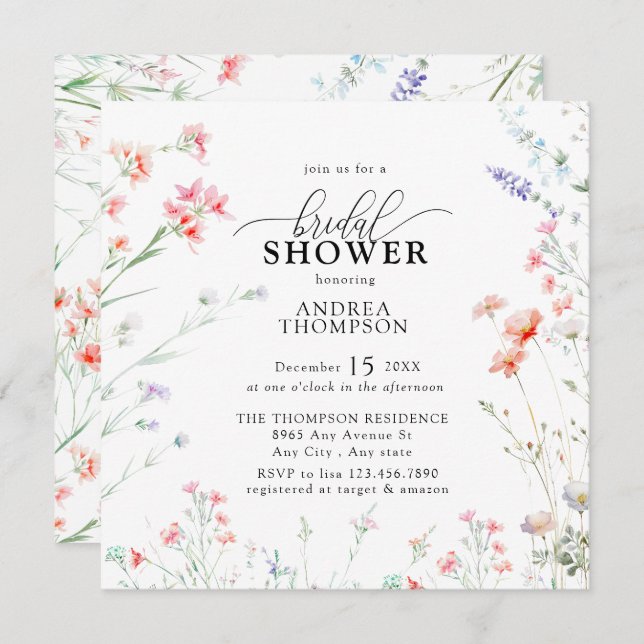 Convites Elegante Boho Wildflower Chá de panela (Frente/Verso)