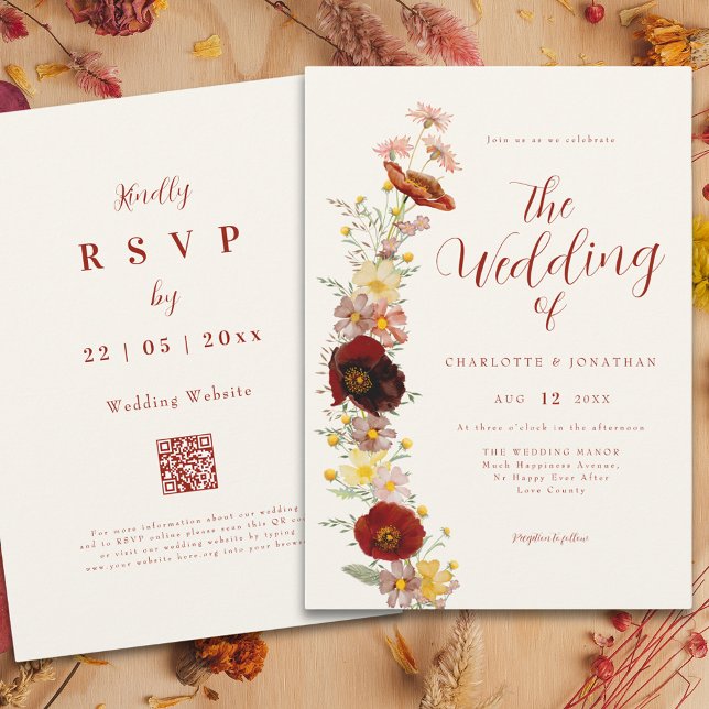 Convites Elegante Boho Wildflower Fall (Elegant boho wildflower fall peach brown burnt orange wedding qr code invitation )