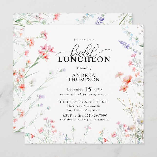 Convites Elegante Boho Wildflower Floral Bridal Luncheon (Frente/Verso)