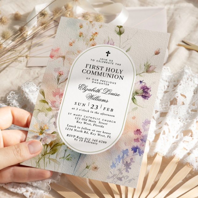 Convites Elegante Boho Wildflower Primeira Comunhão Sagrada (Criador carregado)