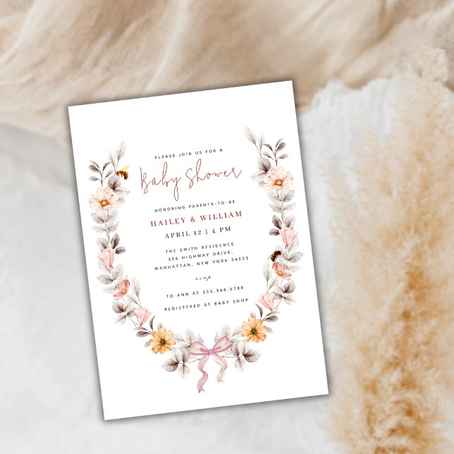 Convites Elegante Boho Wildflower Wreath Chá de fraldas (Elegant Boho Wildflower Wreath Baby Shower Invitation)