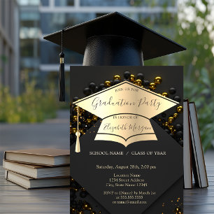 Convites Elegante Boina de Gradução Dourada, Balões Preto G