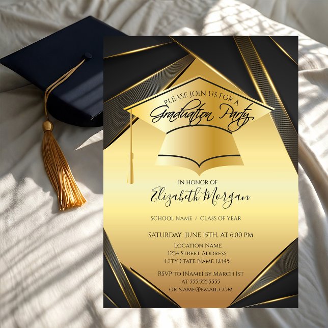 Convites Elegante Boina de Gradução Dourada Preta  (Criador carregado)
