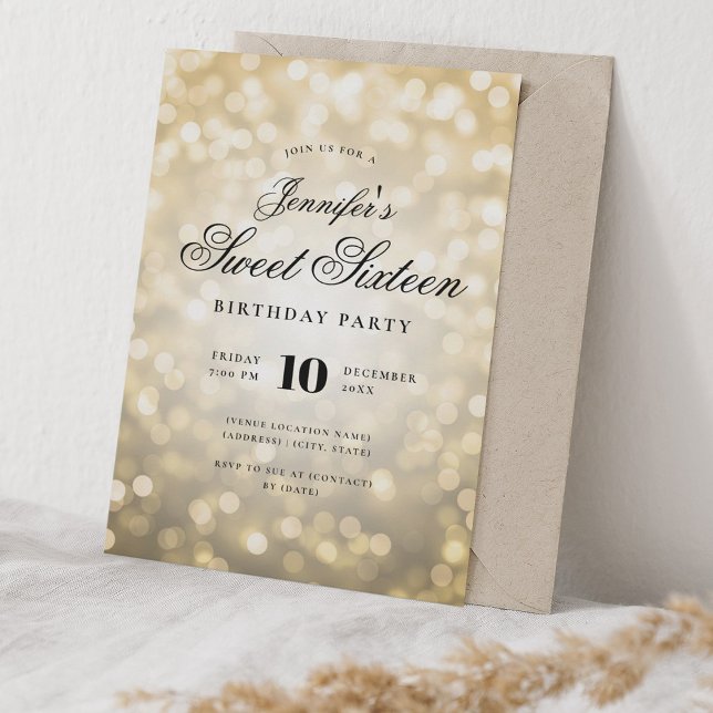 Convites Elegante Bokeh Lights Script Formal Sweet 16 Doura (Elegant Bokeh Lights Formal Script Sweet 16 Gold Invitation)