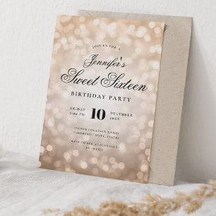 Convites Elegante Bokeh Lights Script Sweet 16 Rosa Dourado