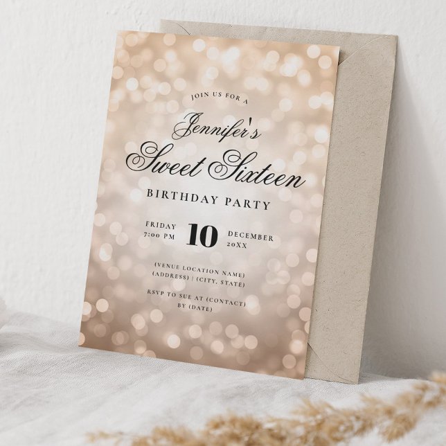 Convites Elegante Bokeh Lights Script Sweet 16 Rosa Dourado (Elegant Bokeh Lights Script Sweet 16 Rose Gold Invitation)