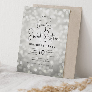 Convites Elegante Bokeh Luz moderna Script Sweet 16 Silver