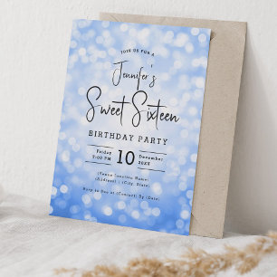 Convites Elegante Bokeh Modern Script Sweet 16 Marinho Blue