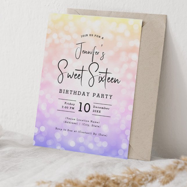 Convites Elegante Bokeh Modern Script Sweet 16 Ombre Rainbo (Elegant Bokeh Modern Script Sweet 16 Ombre Rainbow Invitation)