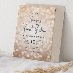 Convites Elegante Bokeh Modern Script Sweet 16 Rosa Dourado