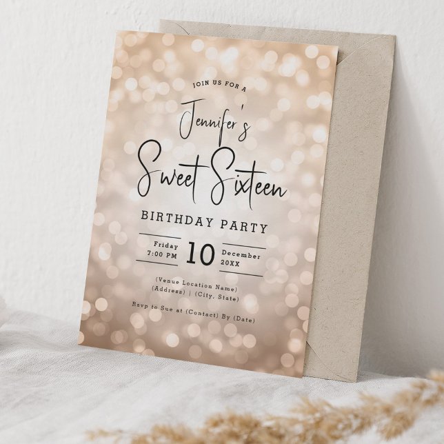 Convites Elegante Bokeh Modern Script Sweet 16 Rosa Dourado (Elegant Bokeh Modern Script Sweet 16 Rose Gold Invitation)