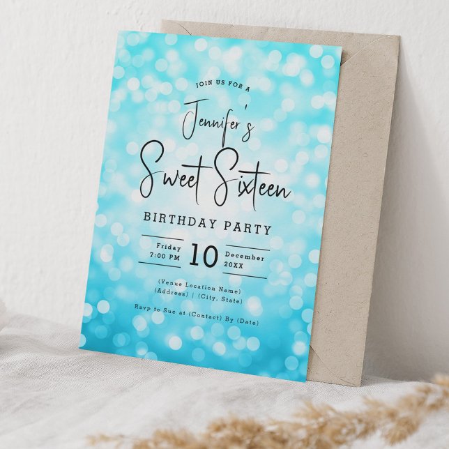 Convites Elegante Bokeh Modern Script Sweet 16 Turquoise (Elegant Bokeh Modern Script Sweet 16 Turquoise Invitation)