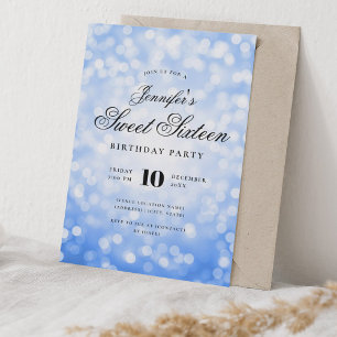 Convites Elegante Bokeh Script Sweet 16 Party Marinho Blue