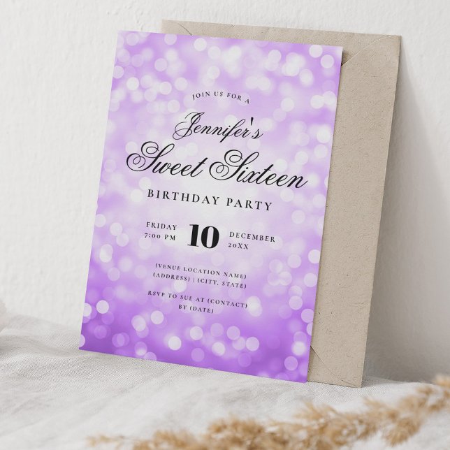Convites Elegante Bokeh Script Sweet 16 Party Purple (Elegant Bokeh Script Sweet 16 Party Purple Invitation)