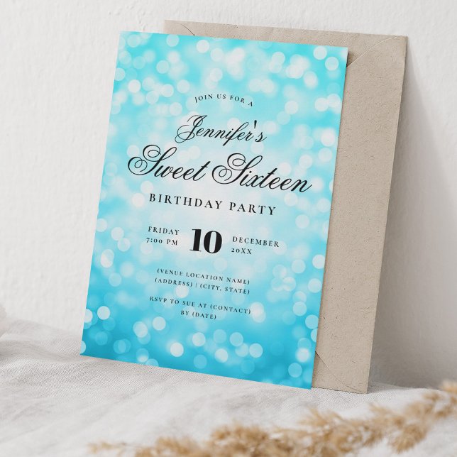 Convites Elegante Bokeh Script Sweet 16 Party Turquoise (Elegant Bokeh Script Sweet 16 Party Turquoise Invitation)
