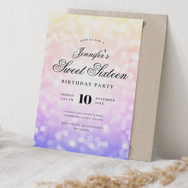 Convites Elegante Bokeh Script Sweet 16 Rainbow Ombre (Elegant Bokeh Script Sweet 16 Rainbow Ombre Invitation)