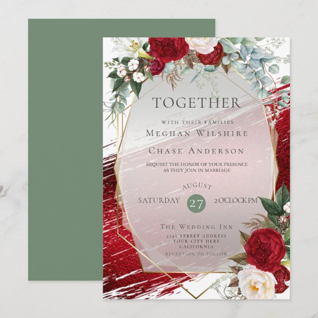Convites Elegante Bold Crimson Floral e Paint Stroke (Frente/Verso)