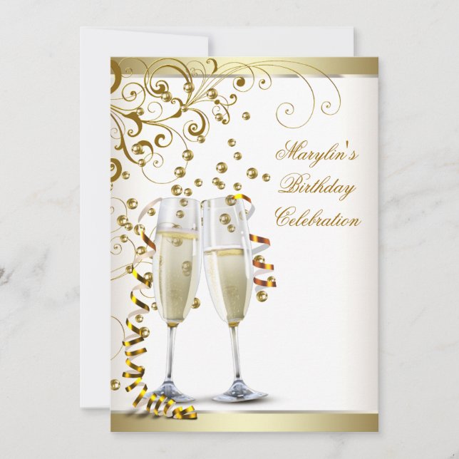 Convites Elegante Bolo de Aniversário em Ouro e Creme de Ma (Frente)