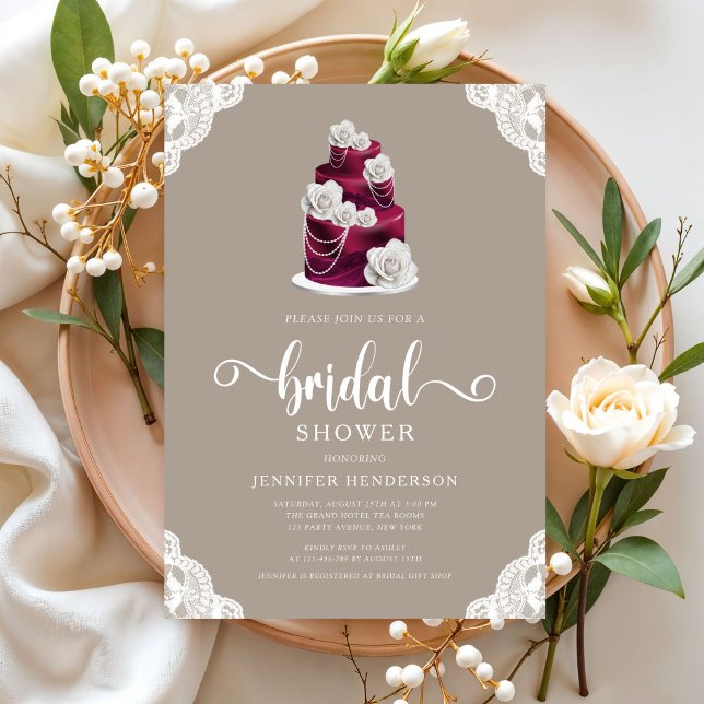 Convites Elegante Bolo de Casamento Bege Chá de Noiva (Elegant Taupe Wedding Cake Bridal Shower Invitation)