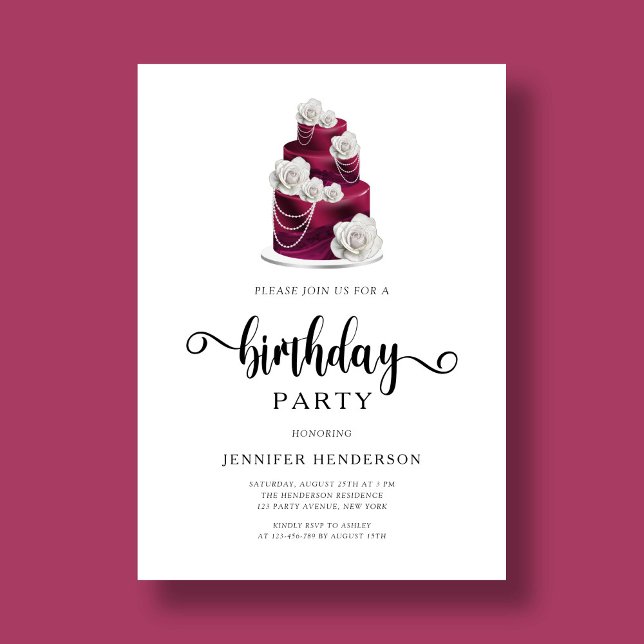 Convites Elegante Bolo Floral Borgonha Festa de Aniversário (Elegant Burgundy Floral Cake Birthday Party Invitation)