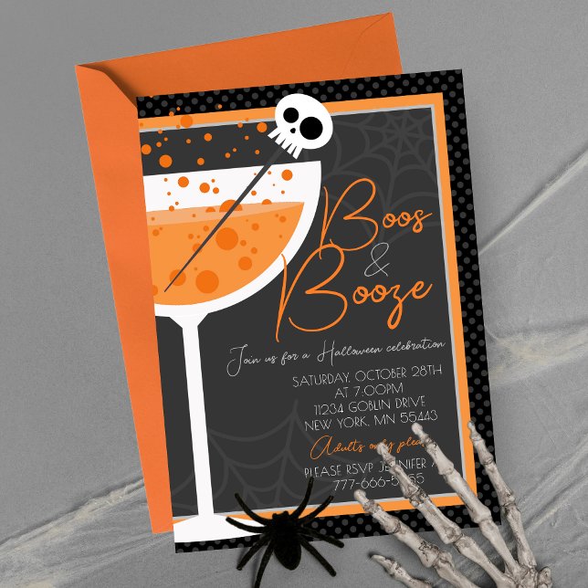 Convites Elegante Boos e Booze Festa Adulta do Halloween (Elegant Boos & Booze Adult Halloween Party Invitations. Halloween cocktail in orange, black & grey.)