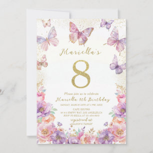 Convites Elegante Borboleta de Aniversário de 8 Anos em Aqu